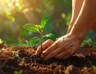 Fototapeta premium hands planting young green seedling in fertile soil