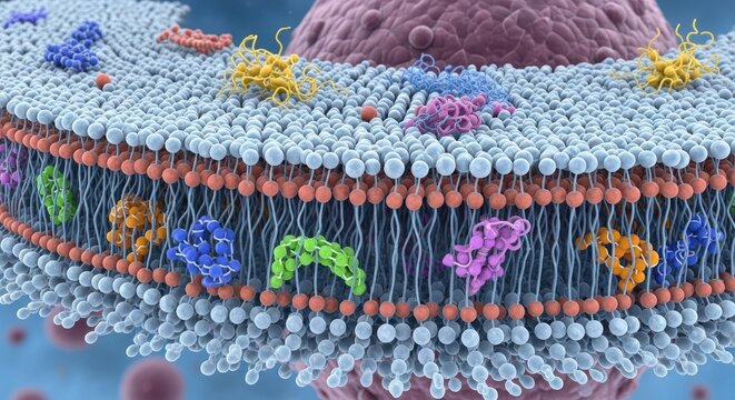 Closeup of a cell membrane with embedded proteins
