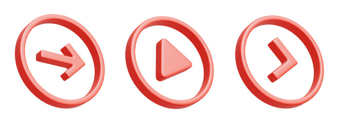 丸で囲まれた3種類の3D矢印アイコンのバラエティセット。右向きのシンプルな矢印のUIの立体イラスト