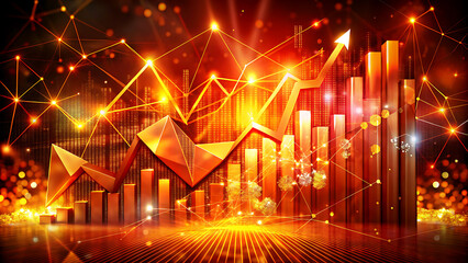 Abstract financial chart with upward arrow glowing bars and network connections representing stock market growth and investment success