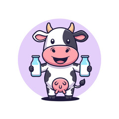 Obraz premium Happy Cartoon Cow Holding Two Milk Bottles in Purple Circle for Wholesome Dairy Advertising