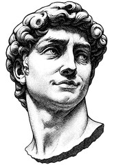 Classical Statue Engraving with Confident Expression, Vintage Etching of Renaissance Sculpture Head, Modern Neo Classic Black and White Art