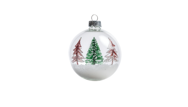 Christmas ornament with three stylized trees and snow inside a clear glass ball, isolated on white background