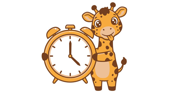 A playful cartoon giraffe stands beside a classic alarm clock, its tongue sticking out, rendered as a clean and scalable vector graphic for versatile use.