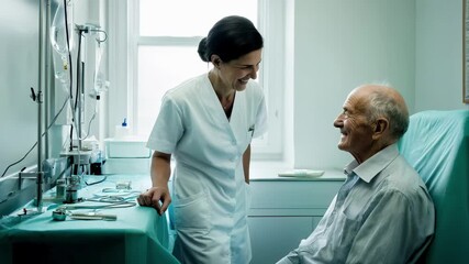 Caring nurse smiles at an elderly patient in a hospital room. Medical care & positive interaction - Powered by Adobe