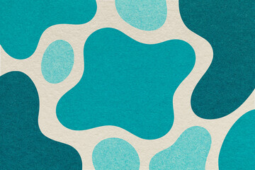 Abstract teal, turquoise and white background with amorphous shapes and spots, paper texture in flat organic design