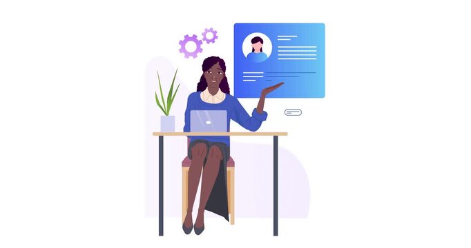 Business management. Moving banner with female HR manager selecting best candidate for vacancy. Hiring and recruiting new employees or workers. Human resources. Flat graphic animated cartoon