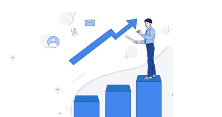 Business management. Moving banner with male financial analyst providing services for business growth and development. Consultant or advisor plans promotion strategy. Flat graphic animated cartoon