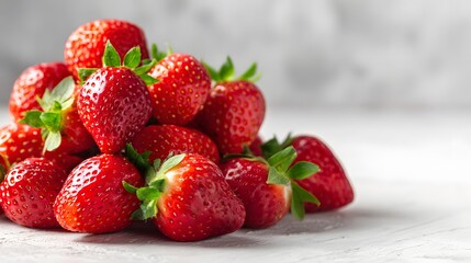 Heap of fresh ripe strawberries piled on a pale surface with shallow depth of field