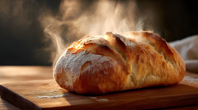 Freshly baked loaf of bread releases steam while resting on a wooden cutting board - Powered by Adobe