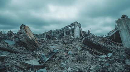 Devastated Building Ruins Under Gloomy Sky