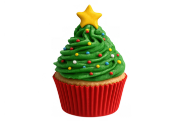 Christmas tree cupcake decorating with green frosting and star topper, celebrating holiday dessert