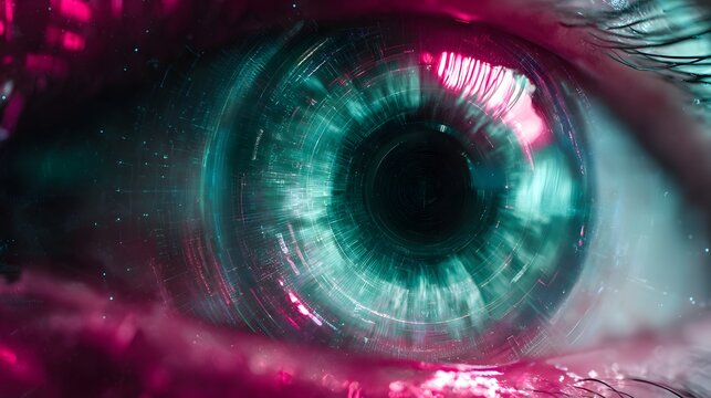 Extreme closeup view reveals a futuristic digital iris with swirling cyan and magenta illumination
