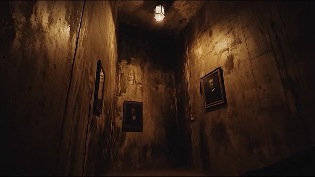 A dimly lit, narrow room with portraits and peeling walls