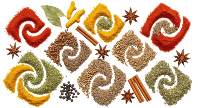 Assortment of aromatic culinary spices creating a decorative arrangement isolated PNG with Transparent Background