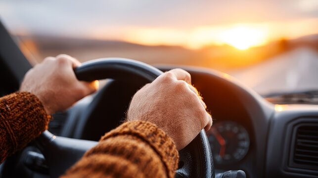 Focused person driving modern car with hands firmly on steering wheel emphasizing safe vehicle operation and road safety.