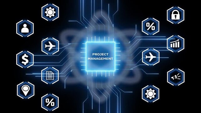 Futuristic Digital Interface Showing Project Management with Connected Icons Keywords: project management, business, strategy, planning, technology, digital, network, connection, abstract