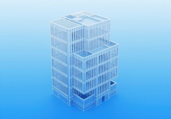 Abstract blue wireframe model of a contemporary commercial skyscraper design