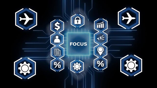 Abstract Digital Network with FOCUS Concept and Hexagonal Icons Keywords: focus, concentration, business, strategy, technology, digital, network, connection, abstract, futuristic, glowing