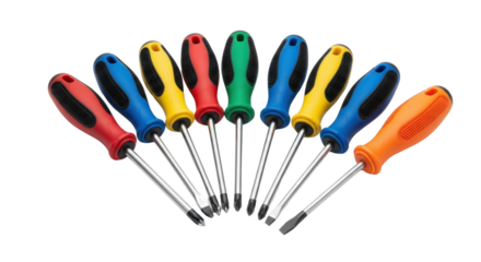 Assorted screwdrivers with colorful handles arranged in a row isolated PNG with Transparent Background
