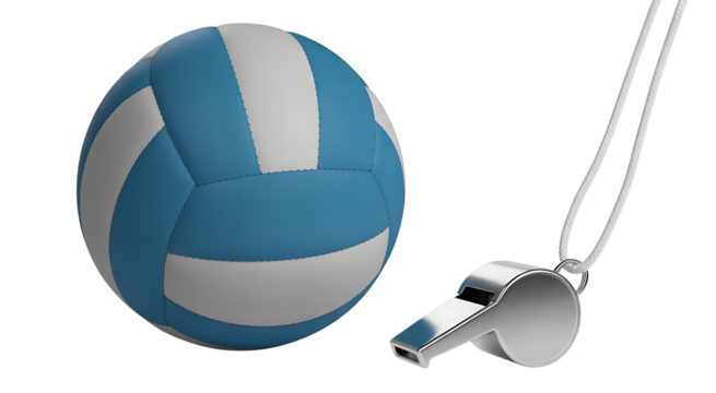 SPORT - Blue and gray volleyball next to a silver metal whistle on a white background, ideal for sports, coaching, and athletic training visuals

