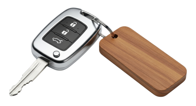 Car key with wooden tag isolated PNG with Transparent Background