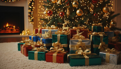 Obraz premium A festive pile of beautifully wrapped Christmas presents sits under a decorated tree beside a glowing fireplace in a cozy holiday home.