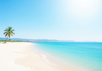 Pristine white sand beach with a single palm tree and clear turquoise ocean water under a bright blue sky