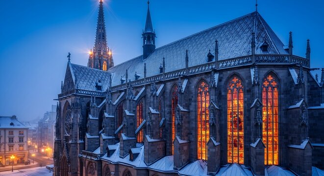 Gothic Cathedral with Illuminated Windows in Snowy Urban Night Scene