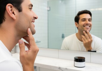 Satisfied man touching his smooth chin and jawline after applying skincare product.