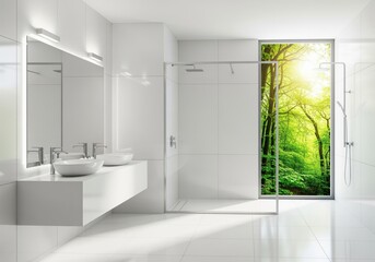 Bright modern white bathroom with glass shower and sunny forest view window