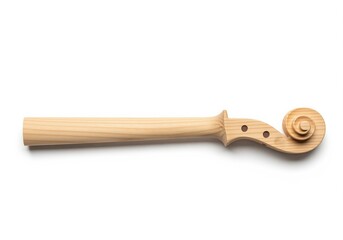 Detailed view of a new unfinished wooden violin scroll and neck on white