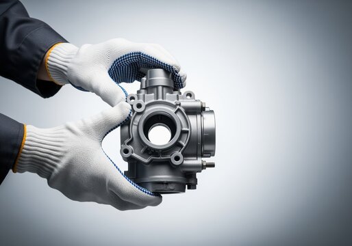 Professional hands wearing protective gloves holding a precision machined metal part