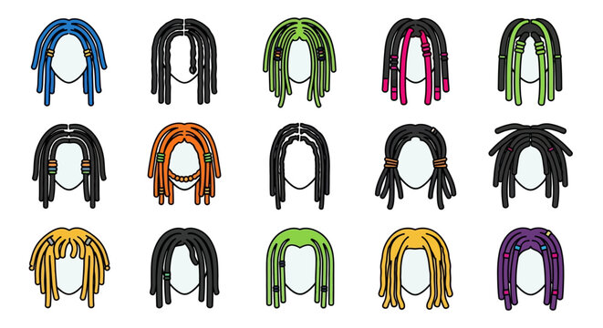 Collection of dreadlock hairstyles in various colors, depicted as vector graphics.