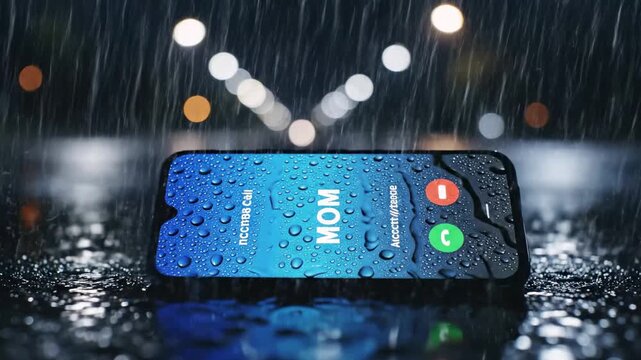 A smartphone displaying a call from "MOM" in the rain, with water droplets on the screen