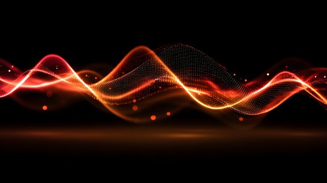 Vibrant red and orange digital wave flows across a dark background with glowing particles