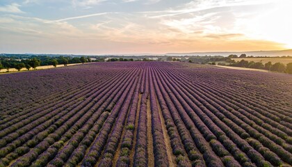 Aerial View of Lavender Fields at Sunset