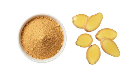 Ginger powder in a bowl and slices of fresh ginger isolated PNG with Transparent Background