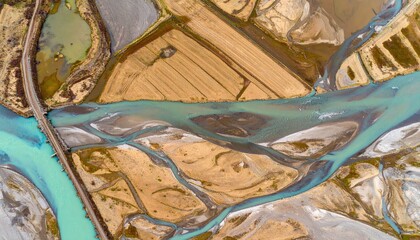 Aerial View of Braided River with Tan and Teal Water