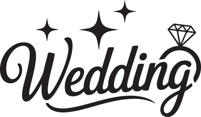 Elegant wedding text with diamond ring and sparkle accents for celebrations isolated on transparent background