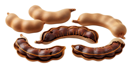 Ripe tamarind fruit in shells and opened halves isolated PNG with Transparent Background