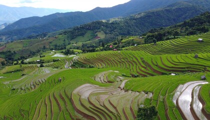Aerial View of Emerald Green Rice Terraces on Lush Hills