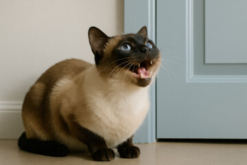 Siamese cat with blue eyes meowing on floor near light blue door in modern interior home
