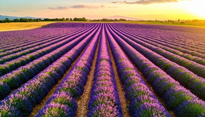 Aerial View of Lavender Rows at Sunset