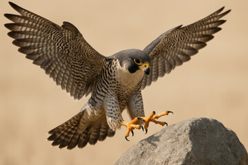 Fototapeta premium Peregrine falcon landing on rock with wings spread wide and sharp talons extended in natural habitat