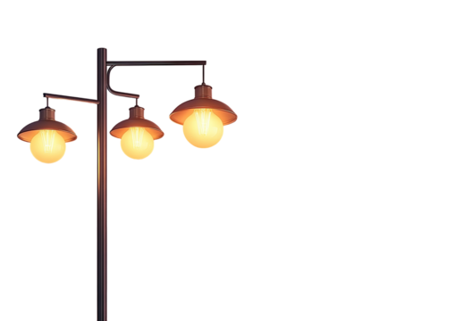 Three vintage lamps on a pole. Dark background