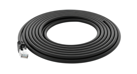 Black ethernet cable coiled isolated PNG with Transparent Background