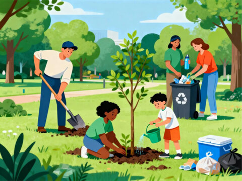 Volunteers planting a tree and recycling in a park during a community environmental cleanup event