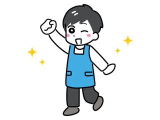 エプロン姿の若い男性が笑顔でガッツポーズをしているイラスト