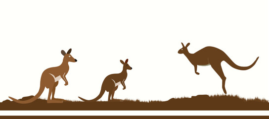 Three Kangaroos in a Stylized Landscape Hopping and Grazing in a Serene Setting